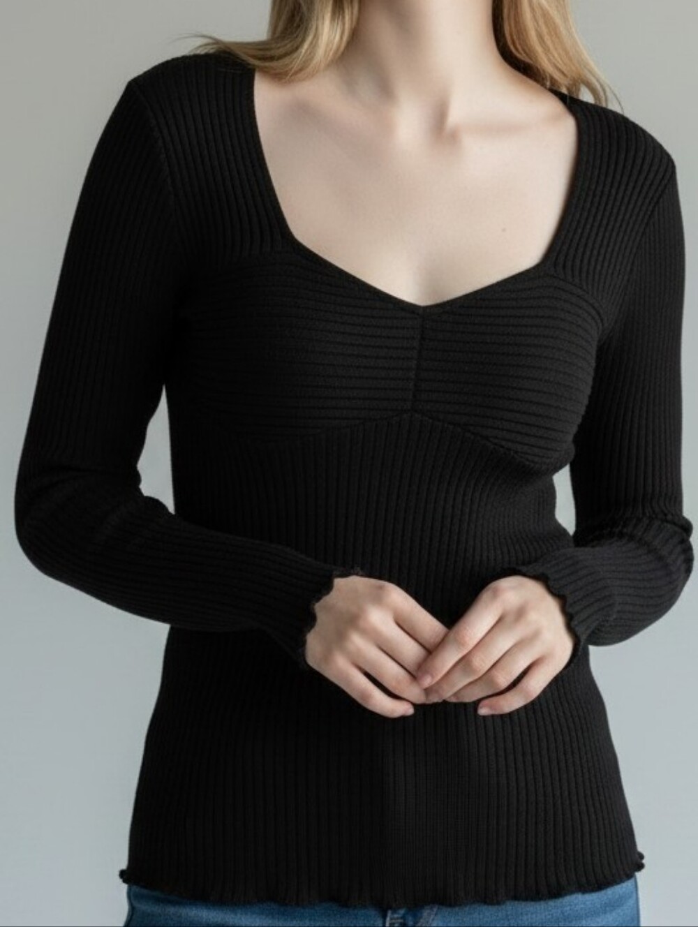 Heartloom Black Ribbed V-Neck Sweater